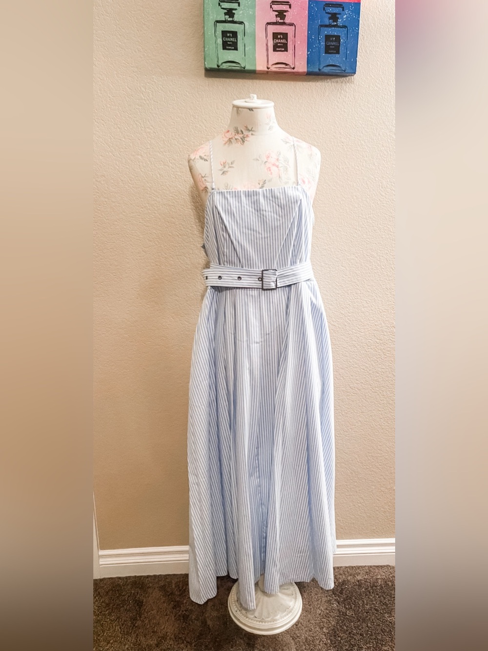 a new day Light Blue and White Striped Maxi Dress with Belt